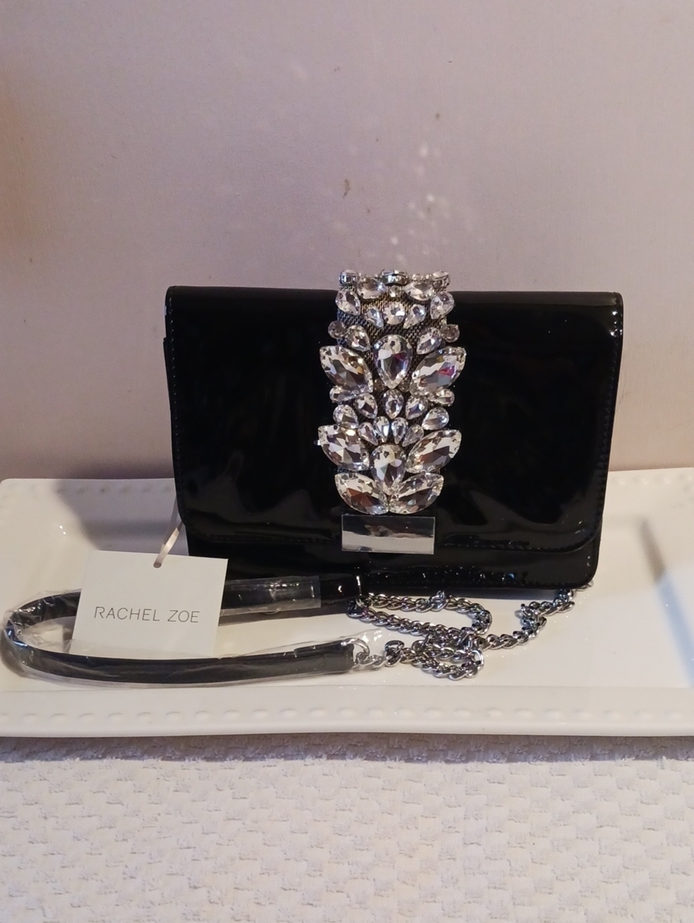 Rachel Zoe ⚜️Elegant Black Patent Crystal-Embellished Clutch with Chain